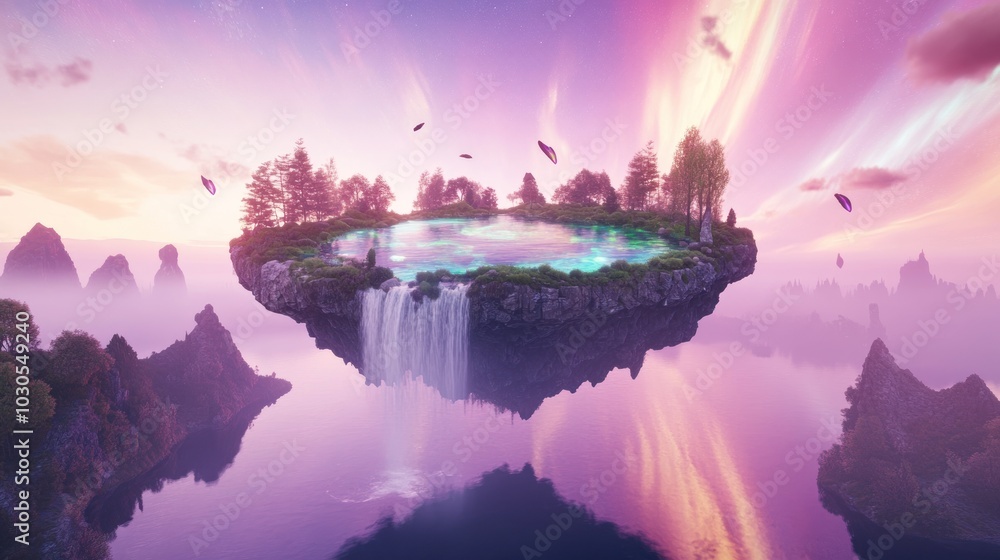 Poster A surreal floating island with a waterfall and vibrant sky, evoking tranquility and wonder.