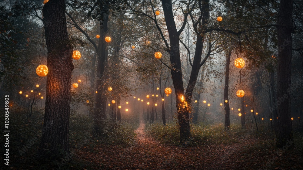 Aufkleber a misty forest path illuminated by glowing lanterns, creating a magical atmosphere.