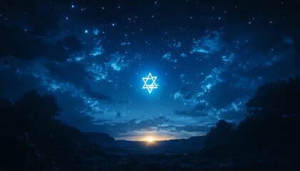 Fototapeta premium Minimalistic Star of David glowing in the sky, radiating light and hope, a prayer for Israel in times of need