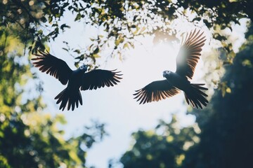 Obraz premium Two birds soaring through a sunlit forest, showcasing nature's beauty and freedom.