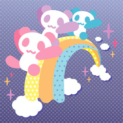 シンプルなパステルカラーのパンダ3匹＆レインボー