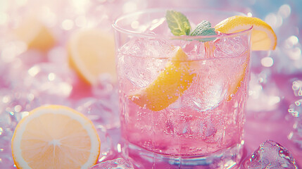 Glass of pink lemonade with ice lemon slices and min
