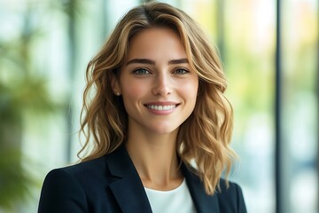 Confident Female Leader in Blue Blazer Smiling