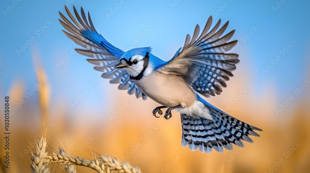 Sticker A blue jay in mid-flight over a field, showcasing its vibrant plumage against a blurred background.