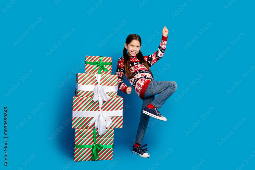 Sticker Photo of excited crazy cute girl wear ugly ornament pullover christmas offer isolated on blue color background