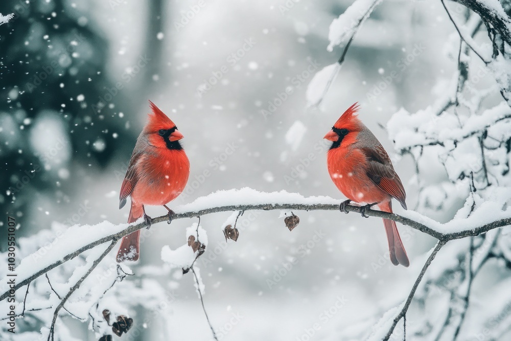 Sticker Two vibrant cardinals perched on a snowy branch amidst falling snowflakes.