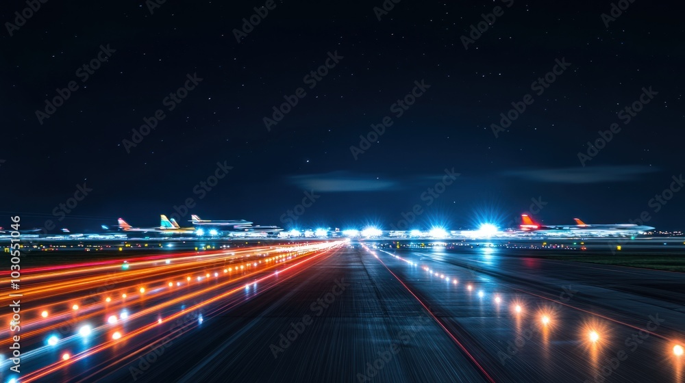 Wall mural A nighttime airport runway with lights and aircraft in the background.