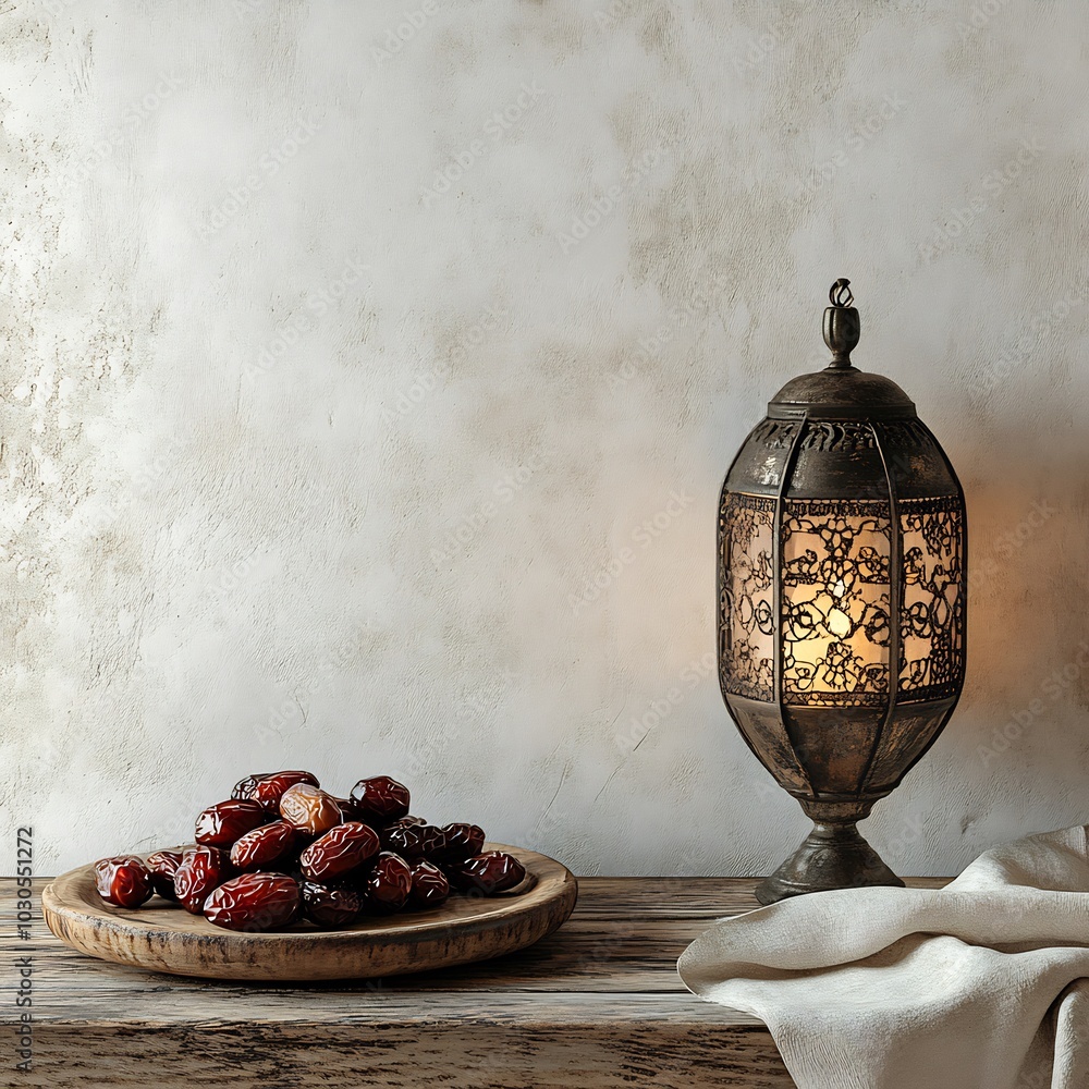 Poster cozy ramadan setting featuring fresh dates in the foreground with an elegant lantern on a weathered 