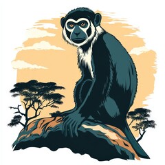 Fototapeta premium Majestic Mona Monkey Resting on a Rock Surrounded by African Landscapes