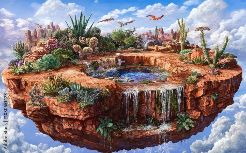 Poster A vibrant floating island with waterfalls, plants, and wildlife amidst a blue sky.