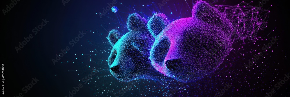 Poster abstract digital representation of panda heads with vibrant colors and geometric patterns.