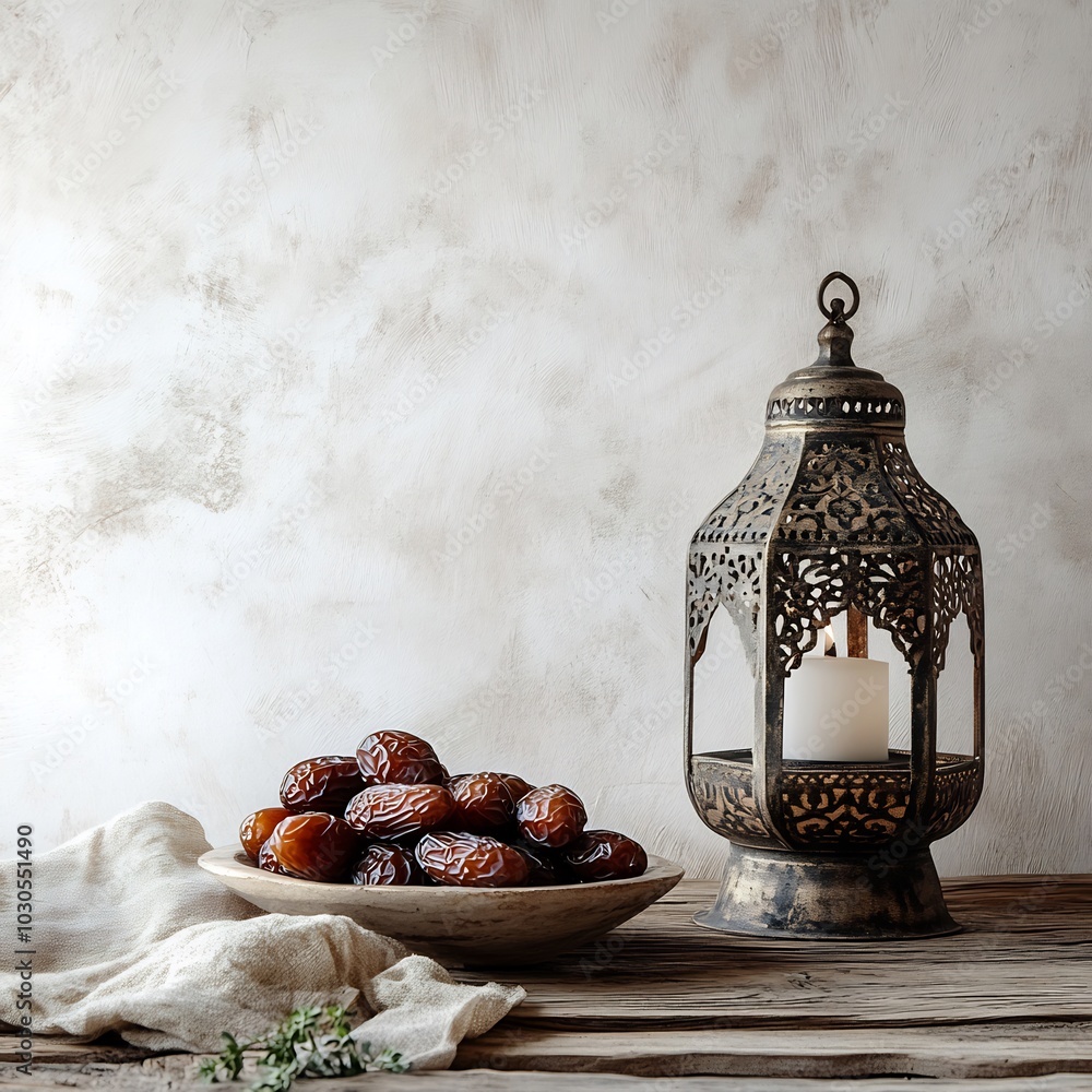 Poster cozy ramadan setting featuring fresh dates in the foreground with an elegant lantern on a weathered 