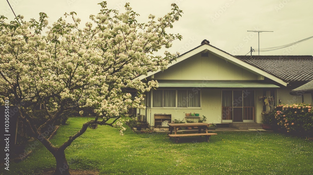 Canvas Prints A serene house with a flowering tree in a lush garden.