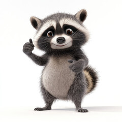 Obraz premium 3d funny cartoon raccoon with a thumbs up gesture, close-up, isolated, on a white background. Cheerful character. Illustration, decor, print for clothes, design for printing on fabric, paper, plastic,