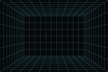 Abstract blue wireframe with blue grid line on black background. Futuristic perspective grid box.