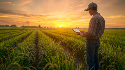 Fototapeta premium An innovative rice farm with farmers using tablets to manage irrigation and monitor crop growth from a distance