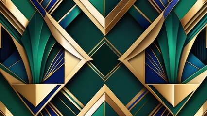 Green and gold geometric pattern with leaves on dark background