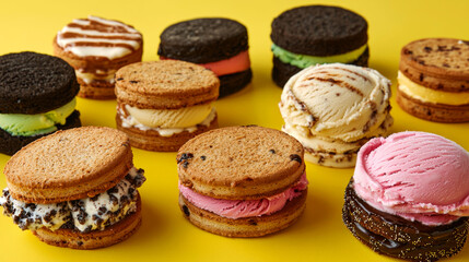 Fototapeta premium Assorted ice cream sandwiches on a vibrant background.