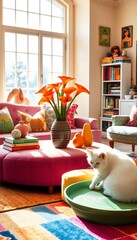 Colorful Living Room Interior Design with White Cat