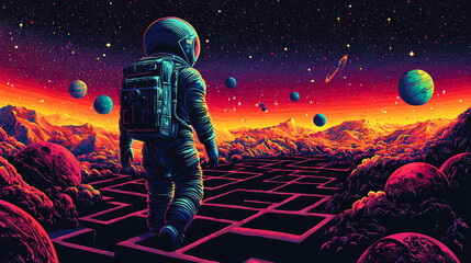 Obraz premium Astronaut exploring a colorful cosmic landscape.