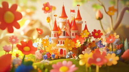 Fototapeta premium A whimsical castle surrounded by colorful flowers in a vibrant, fairy-tale landscape.