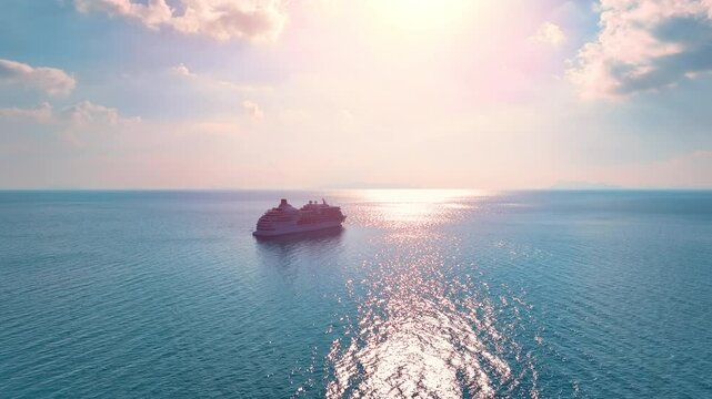 A majestic cruise ship sails through calm turquoise waters near a scenic coastline, showcasing its elegance and grandeur in the bright sunlight