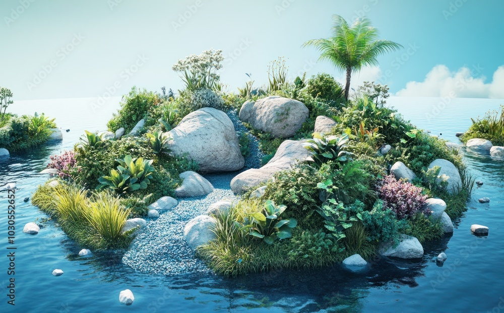 Canvas Prints A serene tropical island with lush vegetation and rocks surrounded by calm water.