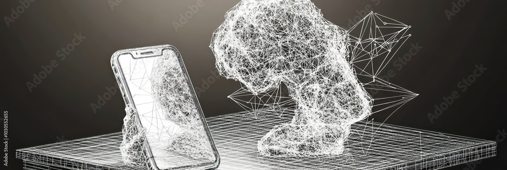 Poster a digital wireframe representation of a smartphone and abstract figure on a table.