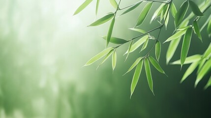 Naklejka premium Lush green bamboo leaves against a soft blurred background, evoking tranquility and nature.