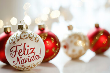 Christmas card with red and white christmas balls and text Feliz Navidad