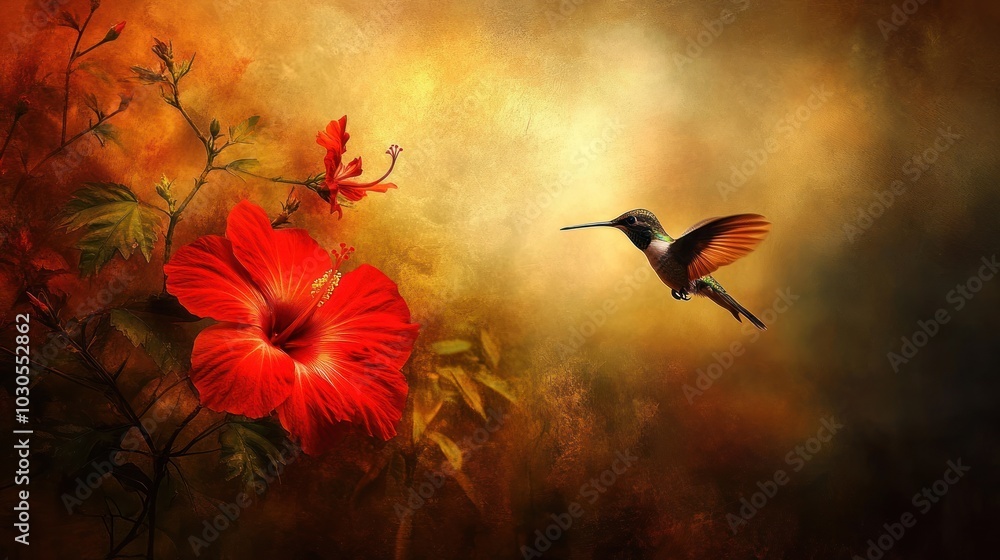 Canvas Prints A vibrant hummingbird hovers near a striking red hibiscus flower against a warm background.