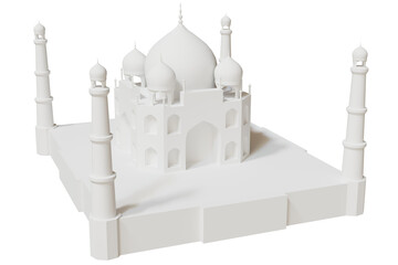 White 3D figurine of the Taj Mahal without background. Landmark of India. Side view.