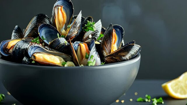 A bowl of steamed mussels with parsley and a lemon wedge sits on a dark counter