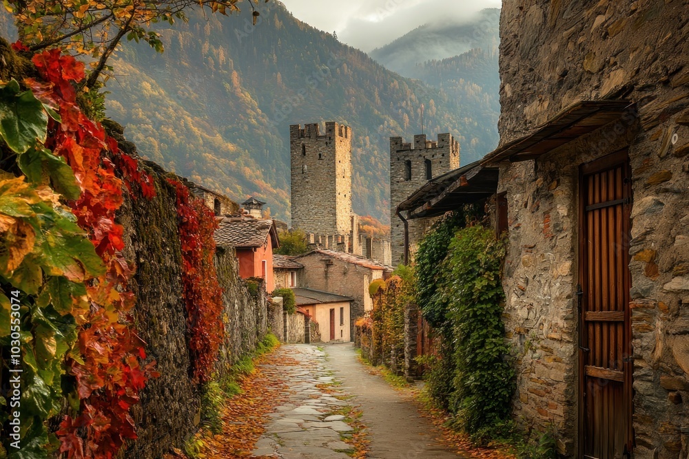 Poster A scenic autumn pathway leads to medieval towers amidst colorful foliage.