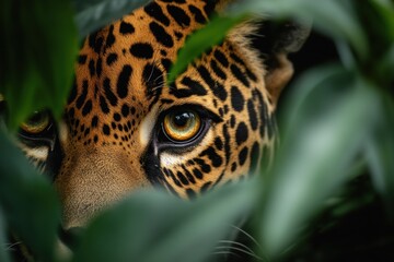 A close-up of a jaguar's eye peering through lush green foliage.