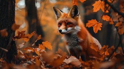 Cute Red Fox in fall forest. Beautiful animal in habitat. Wildlife scene from the wild nature © Imron