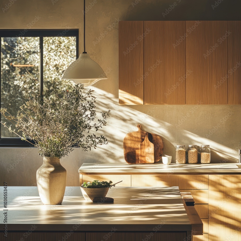 Wall mural A serene kitchen scene with natural light, plants, and minimalist design elements.