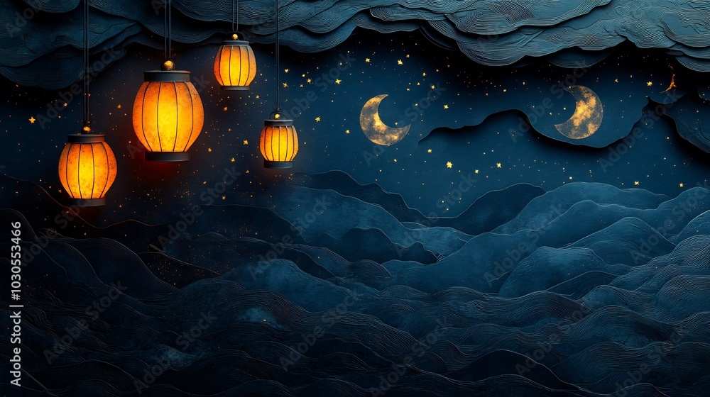 Poster dark dramatic paper cut style with lanterns casting shadows over a textured background of moons and 