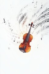Fototapeta premium A beautiful violin surrounded by swirling musical notes, symbolizing harmony and creativity.