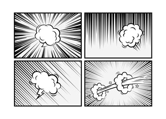 Set of manga comic speed line, zoom and motion effects background, frames, screentone with speech bubbles. Anime radial light flash explosion black frame template vector illustration