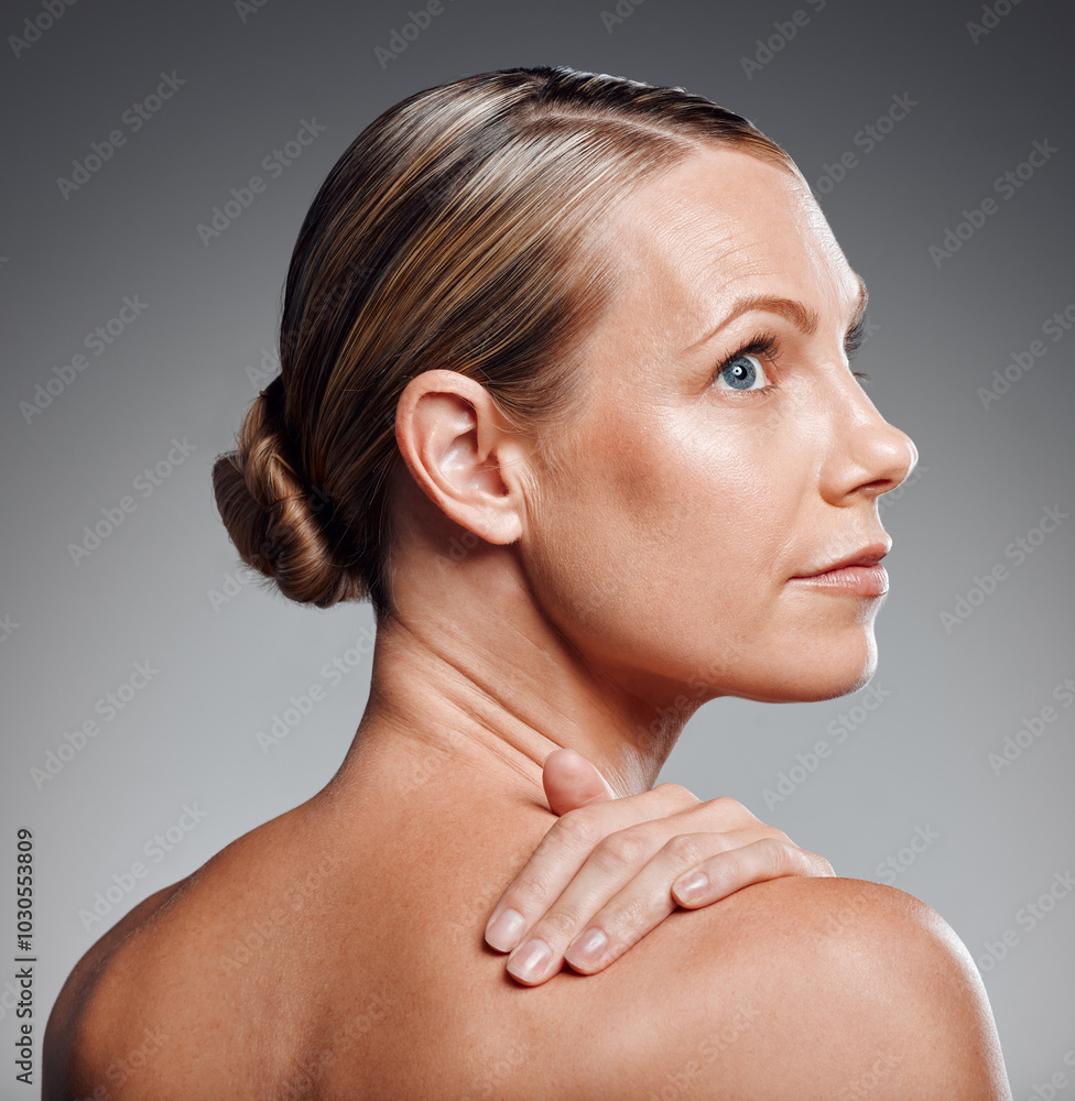 Poster Back, beauty and hand on shoulder of woman in studio on gray background for facial cosmetics. Future, idea and thinking with confident person at salon or spa for antiaging dermatology treatment