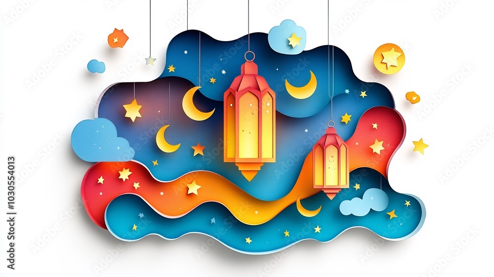 Poster decorative paper cut style design showcasing cluster of hanging lanterns surrounded swirling stars a