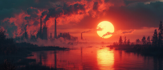 image depicts dramatic industrial landscape at sunset, with factories emitting smoke and large sun reflecting on river