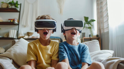 Young boys amazed by virtual reality at home