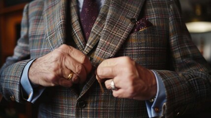 A tailor carefully irons out any wrinkles and adjusts the fit of a bespoke suit ensuring it looks sharp and polished.
