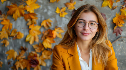 Woman in glasses smiling with autumn leaves background
