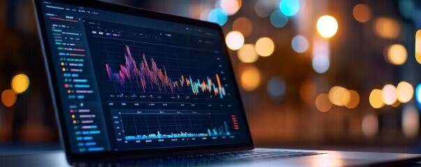 Laptop displaying data analytics at night