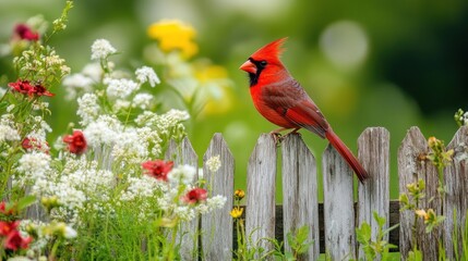 A vibrant cardinal perched on a fence amidst blooming flowers in a lush garden setting.