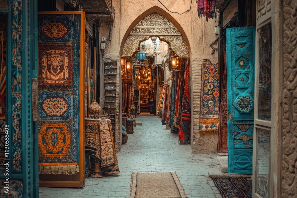 Poster A vibrant market alley adorned with colorful rugs and textiles, inviting exploration.