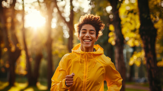 Young woman running in the park with a big smile
